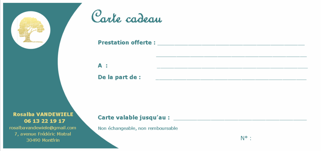Un cadeau original avec le Cabinet Rosalba VANDEWIELE spécialisé dans l'exploration de nos liens profonds avec nos origines à travers la psychogénéalogie, l’analyse transgénérationnelle, les constellations familiales, la généalogie, la rédaction d'une biographie et la transcription d’actes anciens. Le cabinet est situé à Montfrin, à proximité de Nîmes, Avignon et Beaucaire.